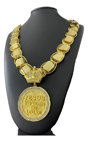 Cordão Dubai Supremo 22mm + Pingente Jesus Ouro 10mm Dourado