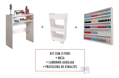 Kit Conjunto Mesa + Carrinho + Expositor Salão Cor Branco