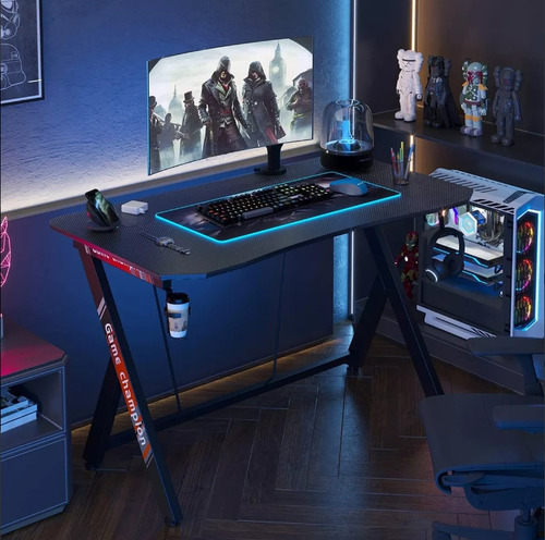 Escritorio De Mesa De Chapa De Madera Para Juegos, Negro Heaimo