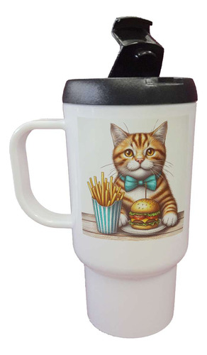 Jarro Termico Gato Con Moño Comiendo Sentado Burger
