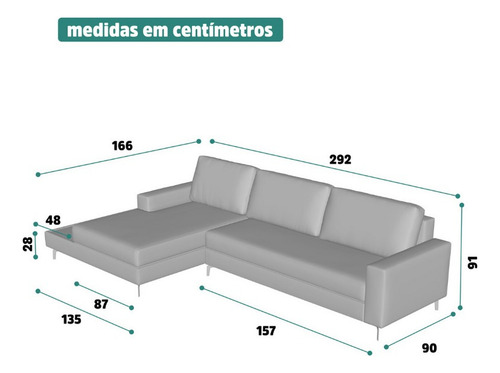 Sofá Moderno 292cm Linho Cinza Loft Chaise/deck Esquerda