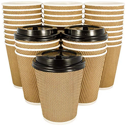100 Pack Brown 12 Oz Disposable Coffee Cups With Lids I...