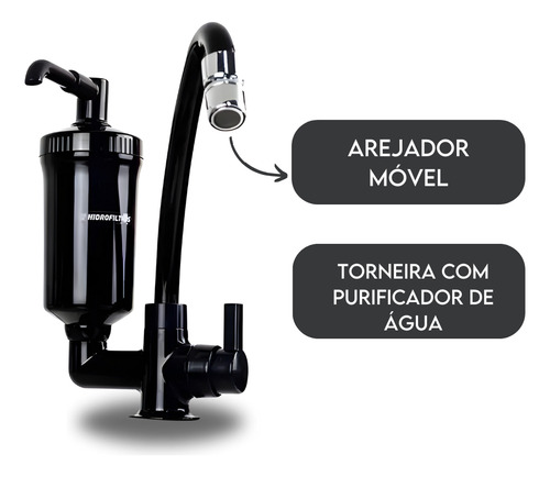 Torneira De Bancada Com Filtro Preto Bica Móvel cromado + Refil Extra Pop Hidrofiltros