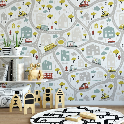 Imagem 2 de 3 de Papel Parede Quarto Infantil Bebê Mapa Cidade Novas Cores 95
