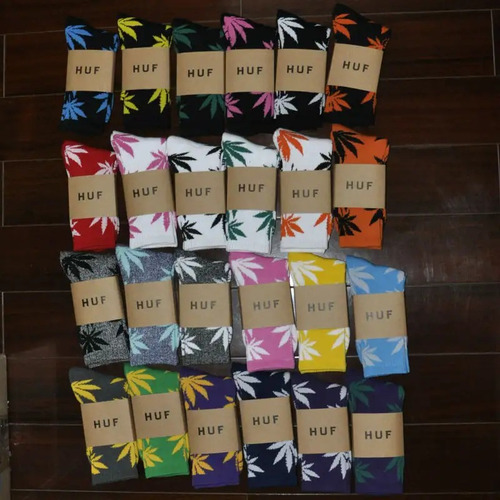 1 Par Calcetines Largos Huf Plantlife Unisex Skate Board Gym Blanco Hoja Negra Estampado Unitalla