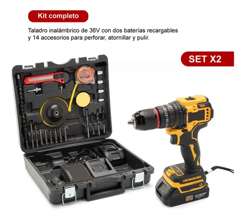 Set X2 Taladro Inalámbrico 36v 14 Acc 2 Baterías Recargables