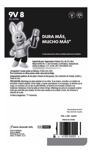 Pila 9v Duracell Alcalina Ahorra Pack 8 Piezas