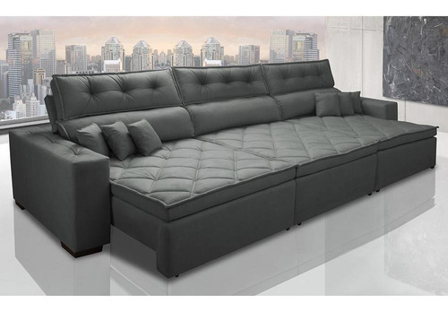 Sofá Austin 3,22m Retrátil, Reclinável com Molas no Assento e Almofadas, Suede Cinza Cama inBox