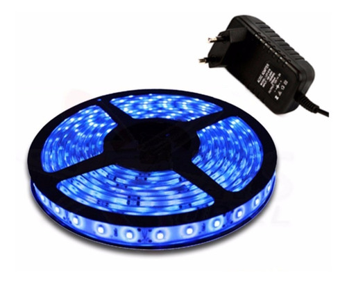 Fita Led Azul 5 Mts Com Dupla Face 5050 12v 300 Leds + Fonte