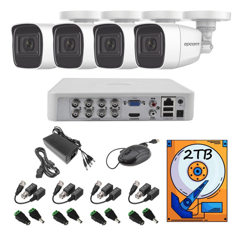 Kit Circuito Cerrado Epcom Dvr 8 Canales 4 Camaras 1080p 2mp Audio Integrado Metalica B8-TURBO-G2/A Video Baluns + Hdd 2tb
