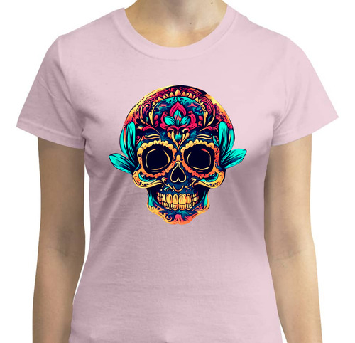 Playera Calavera Azul Con Relleno Floral - Color Brillante