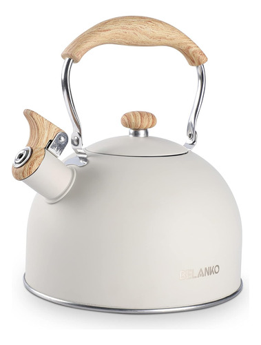 Tetera Pava 2.5l Acero Inox. Madera, Mango Plegable. Blanca.