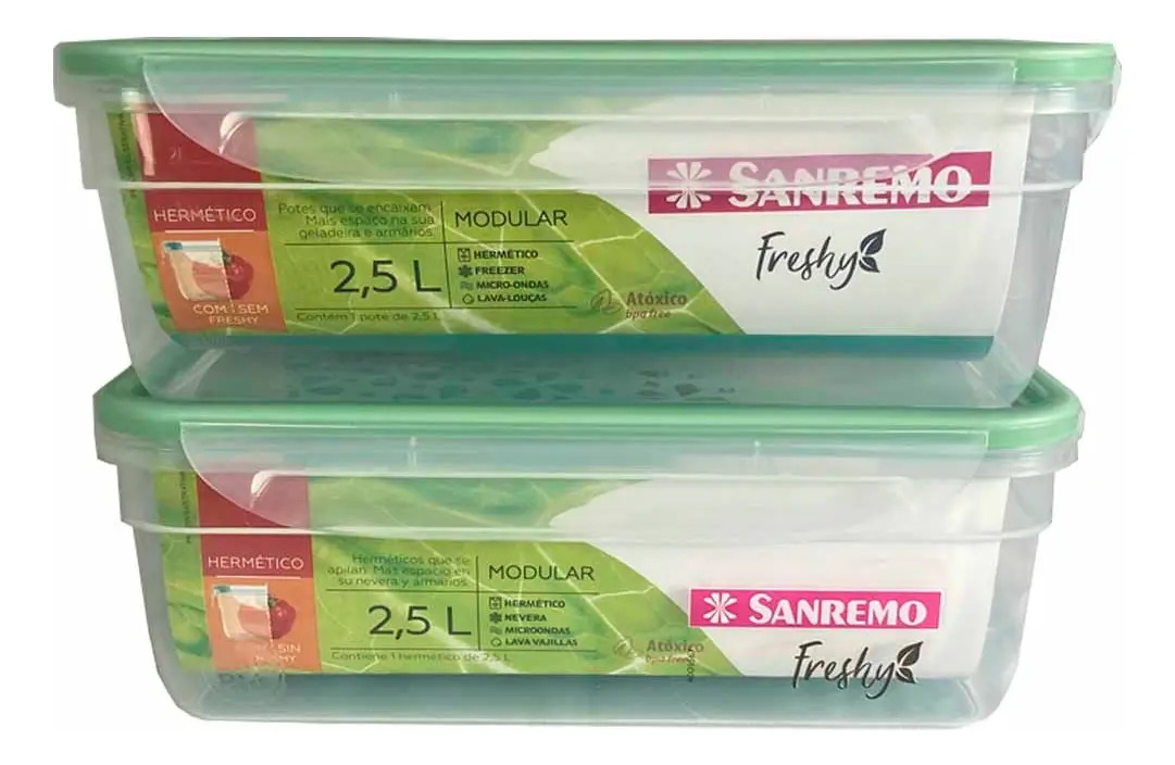 2 Pote Hermético Plástico Travas Freshy 2,5l Freezer Sanremo