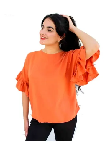 Blusa Naranja Retro Manga Ancha De Olanes 80's Moda | Meses sin