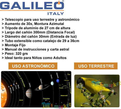 Telescopio Galileo Italy F300 X30 Refractor Con Tripode