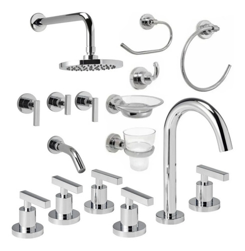 Imagen 1 de 8 de Juego Griferia Baño Completo Peirano Pura Lever + Accesorios