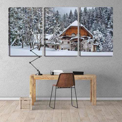 Quadro Canvas 55x110 Neve Na Cabana De Madeira