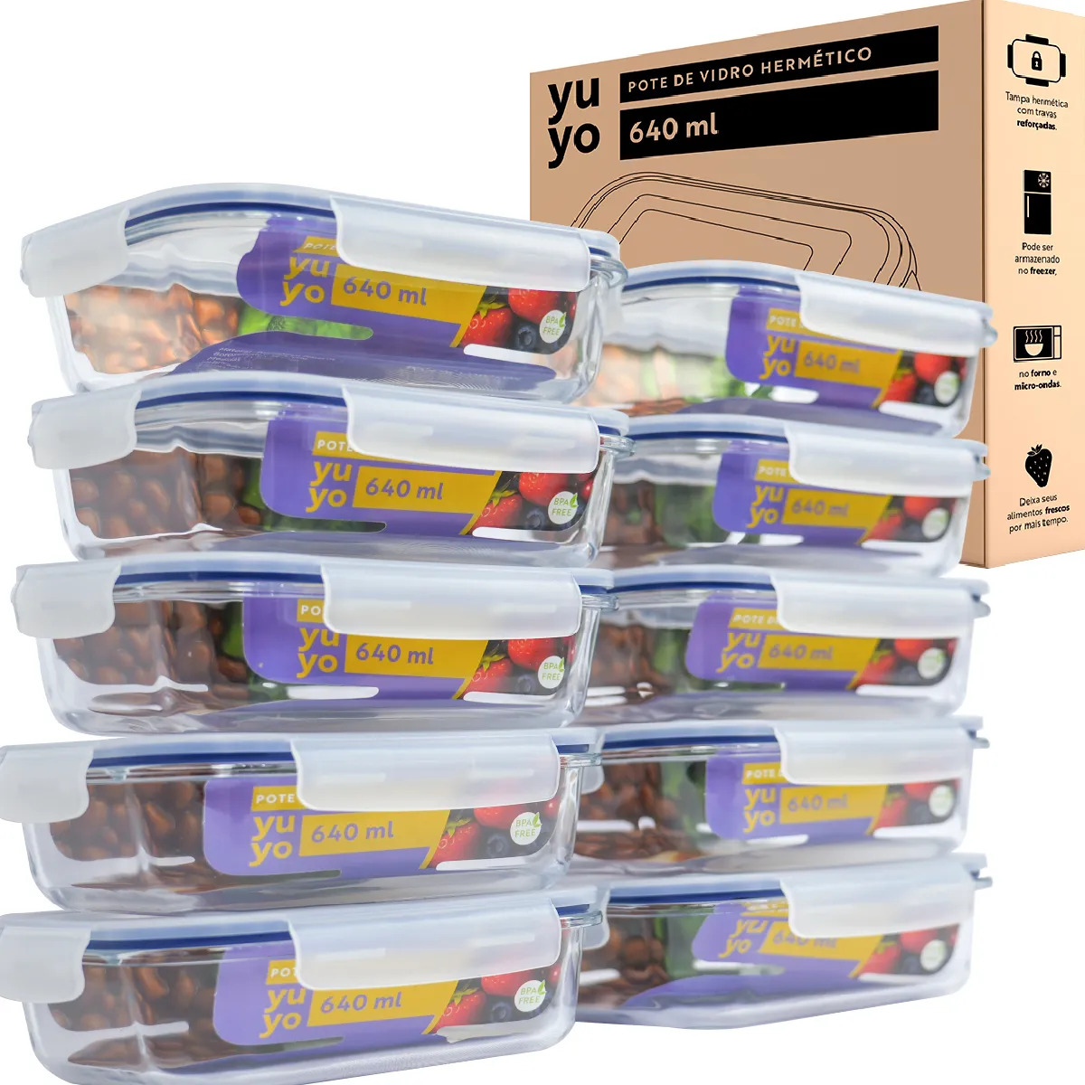 Kit 10 Potes De Vidro Hermético 640ml Marmita Fitness Com Tampa 4 Travas Freezer Microondas Geladeira Armazenamento Alimentos