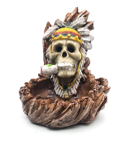Cenicero Calavera Rasta Indio Pluma Blanca Decoración