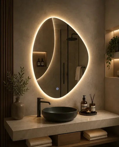 Espelho Orgânico Led Quente Com Touch 60x40cm Premium Lavabo Led Quente 3000k Botão Touch