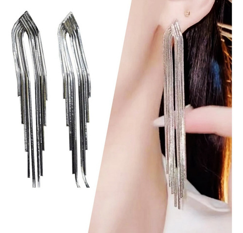 Brinco Par Feminino Tassel Longo Franjas Prata Jóia Festas