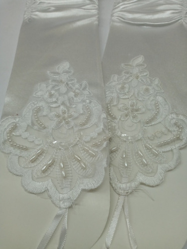 Imagen 6 de 6 de Guantes Sin Dedos App Encaje Y Perlitas Largos Blanco Novia