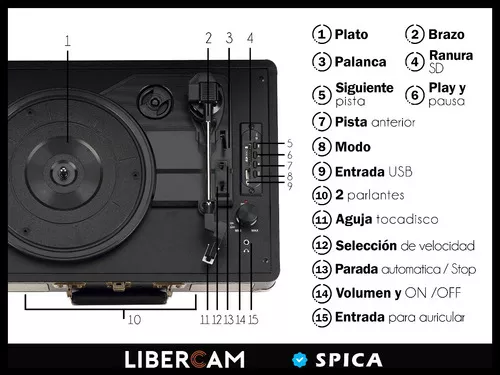 Tocadiscos Vinilo Bluetooth Spica Sp-t90 Vintage Parlante