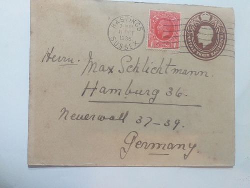 Sobre Entero Postal Reino Unido A Alemania Hamburgo 1936