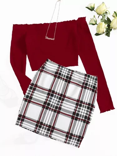 Conjunto Xadrez Saia E Cropped Vermelho Shein