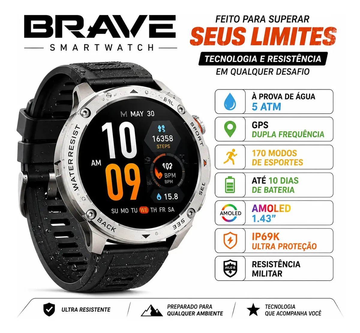 Smartwatch Wearzone Brave Ultra Com GPS Dupla Frequência, Resistência Militar e Tela AMOLED