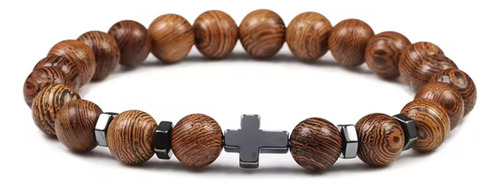 Pulsera De Piedra Natural Con Cruz Acero Brazalete Ajustable Café 17.5 Cm 17.5 Cm