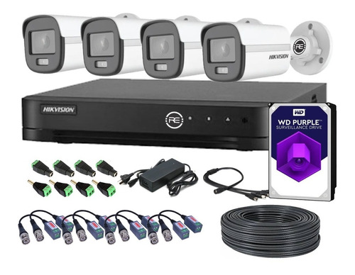 Kit Dvr + 4 Camaras Hikvision 2mp 24hs Color Vu Utp Y  Disco