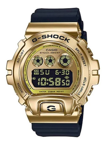 Relógio de pulso Casio G-Shock GM-6900 com corpo dourado,  digital, para masculino, fundo  dourado e preto, com correia de resina cor preto, subdials de cor verde, subesferas cor verde e prateado, ponteiro de minutos/segundos verde, bisel cor dourado, luz verde-azulado