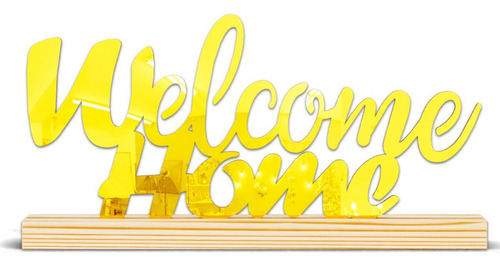 Placa Decorativa Welcome Home Acrílico Dourado Espelhado