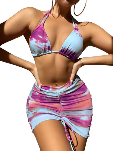 Juego De Traje De Baño Bikini Para Mujer Con Abrigo 3 Piezas Lila Xg 0