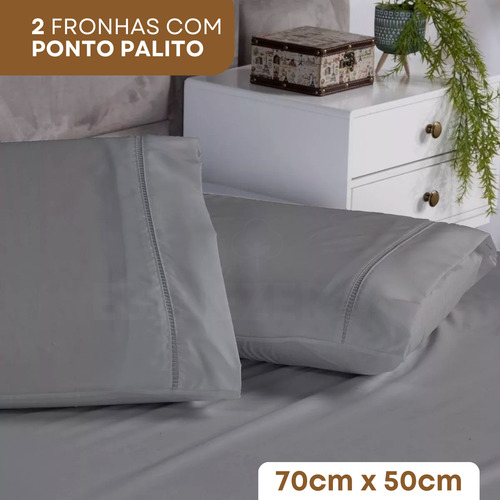 Lençol Queen Padrão C/ Elástico 3 Peças 400 Fios Percal Fronha Ponto Palito Toque Macio Premium Cor Cinza