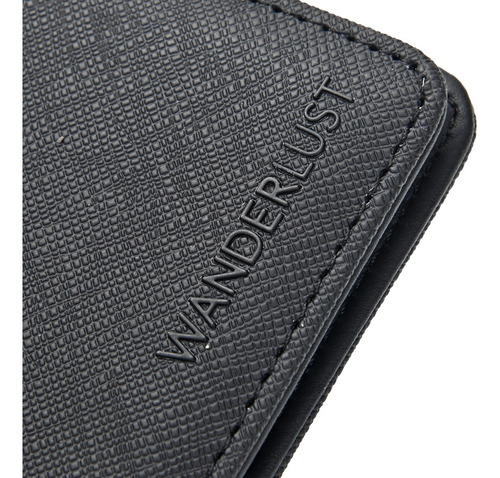 Billetera De Cuero Pu Tipo Saffiano Hombre Wanderlust Negro Liso