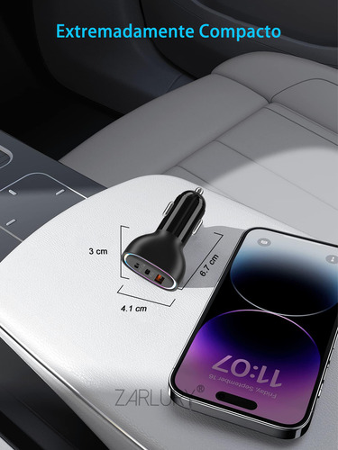 Zarlury Cargador Para Auto Tipo-C con Cable de 1m, Carga Rápida PD 30W + QC3.0 30W, 3 Puertos USB, Compatible con iOS y Android, Luz LED, Protección Inteligente, para Autos 12V/24V