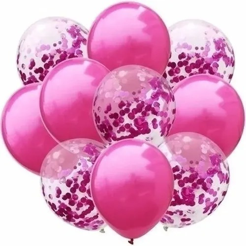 Set 10 Globos Transparente Confeti Metalizado + Fucsia Perla