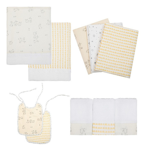 Kit Ajuar Bebé 10 Piezas Mantilla Toalla Pañal Babero Lujo Color Neutro