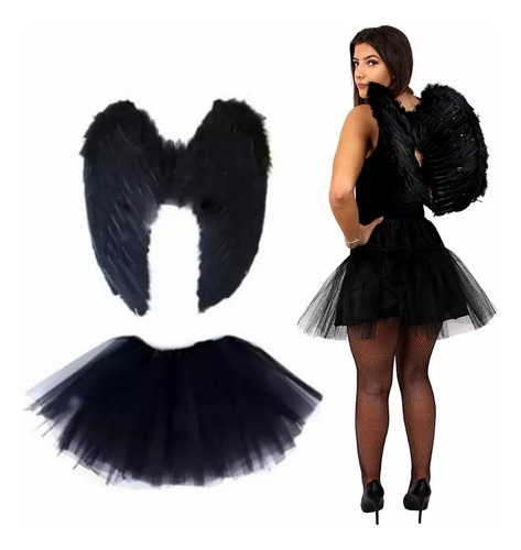 Disfraz Ángel Cosplay Alas Negro 60x80cms + Aureola + Tutu