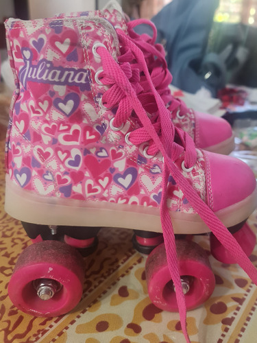 Patines Rol Juliana Con Luz Led Artisticos Rosa Con Corazón 