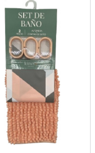 Set Combo Cortina Baño Estampada + Alfombra Shaggy + Ganchos Rosa