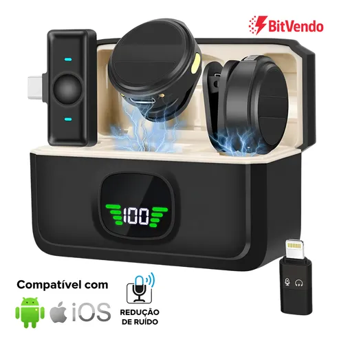 Microfone Lapela Sem Fio Duplo Anti Ruído C/ Imã Redondo Preto