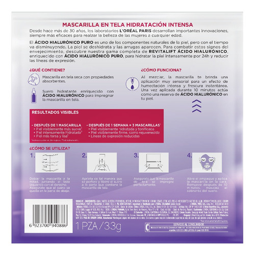 Imagen 2 de 7 de Mascarilla Hidratante Revitalift Á Hialurónico L'oréal Paris
