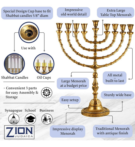 Menorah Zion Judaica Ltd, Extra Grande, Estilo Antiguo