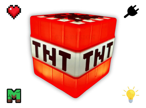 Lámpara Velador Tnt Minecraft 10cm 220v Con Tecla Y Enchufe! Rojo Blanco