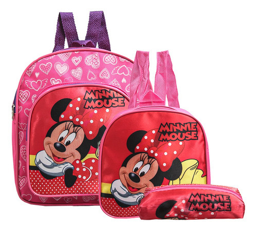 Mochila Escolar Minnie Mouse Criança Costas Lancheira+estojo