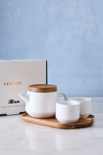 Set Leah Tetera + 2 Pocillos De Ceramica Blanca Tapa Y Bande
