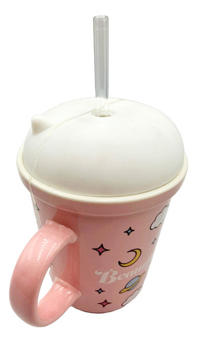 Taza Cerámica De Pusheen Con Tapa Y Popote 360ml Color Rosa Claro